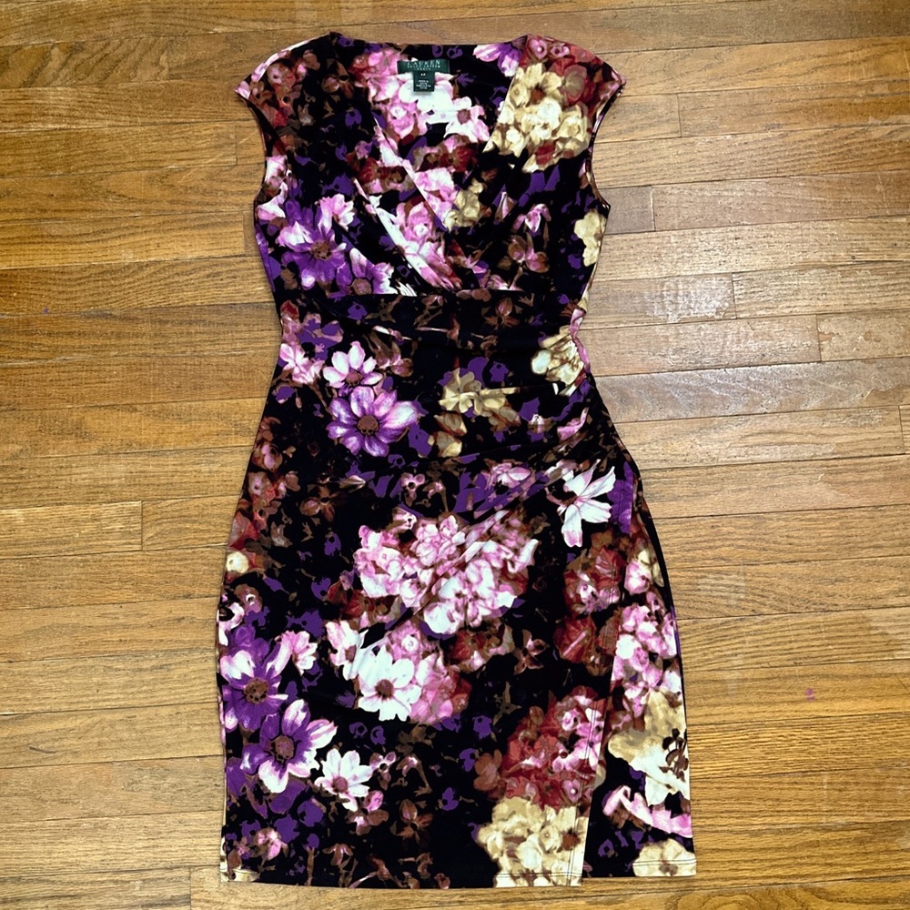 Lauren Ralph Lauren Sz PS Petite Small Purple Floral Stretch V Neck Mini Dress
